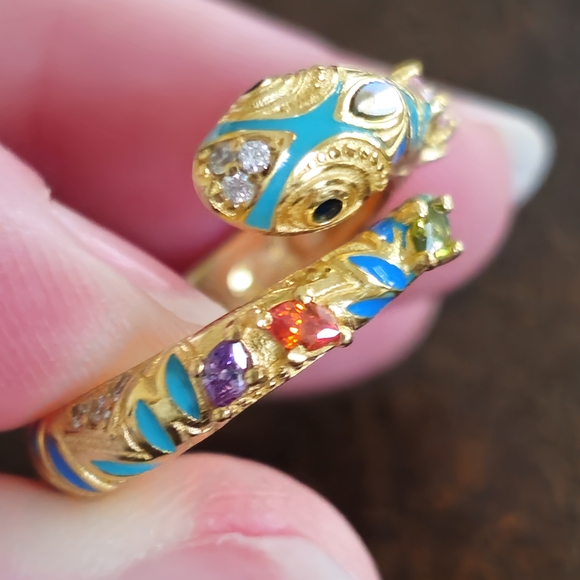 18KT GOLD/925 STERLING SILVER TURQUOISE DIAMOND EMERALD SNAKE ADJUSTABLE RING - Picture 7 of 16